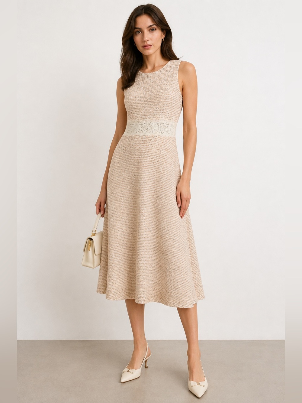 Zara Combination Textured Weave Midi Dress – Ecru/Brown  | Size M | NWT